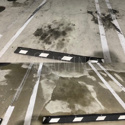 Before and after of concrete parking lot that was washed by pressure